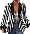 Women Black and White Striped Blazer Suit - Stylish Open Front