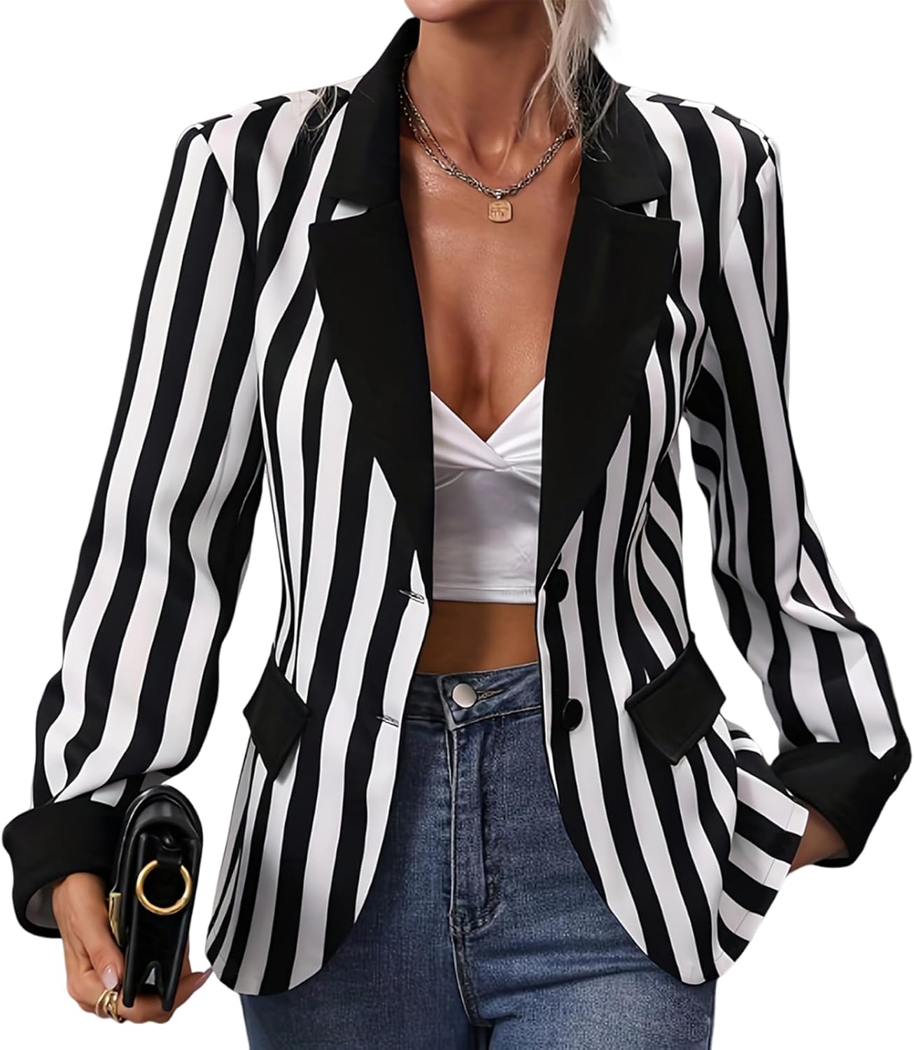 Stylish Black and White Striped Blazer for Women Cosplay Outfit