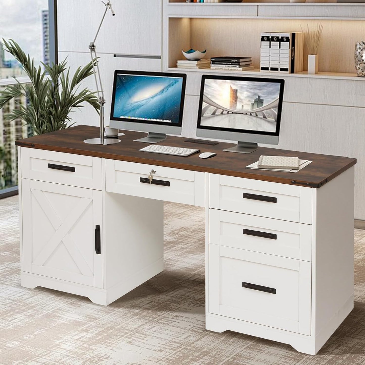 Farmhouse Desk with Charging Station & Drawers