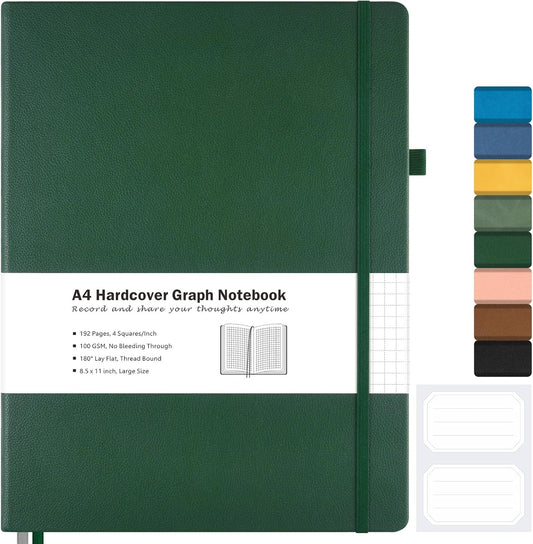 MALEDEN Large Leather Grid Notebook 8.5 x 11 - Quality Engineering Green