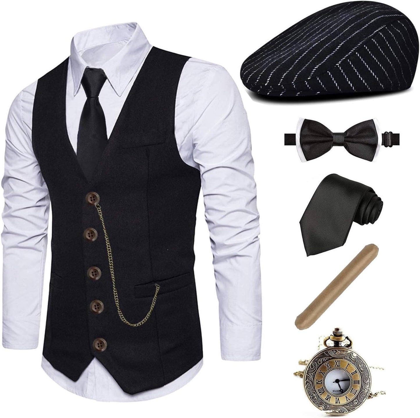 1920s Mens Costume Set with Gangster Vest and Accessories