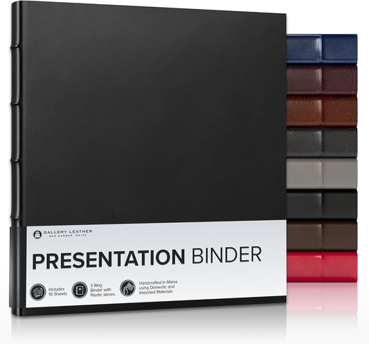 Gallery Leather 3 Ring Binder with Plastic Sleeves for Presentations