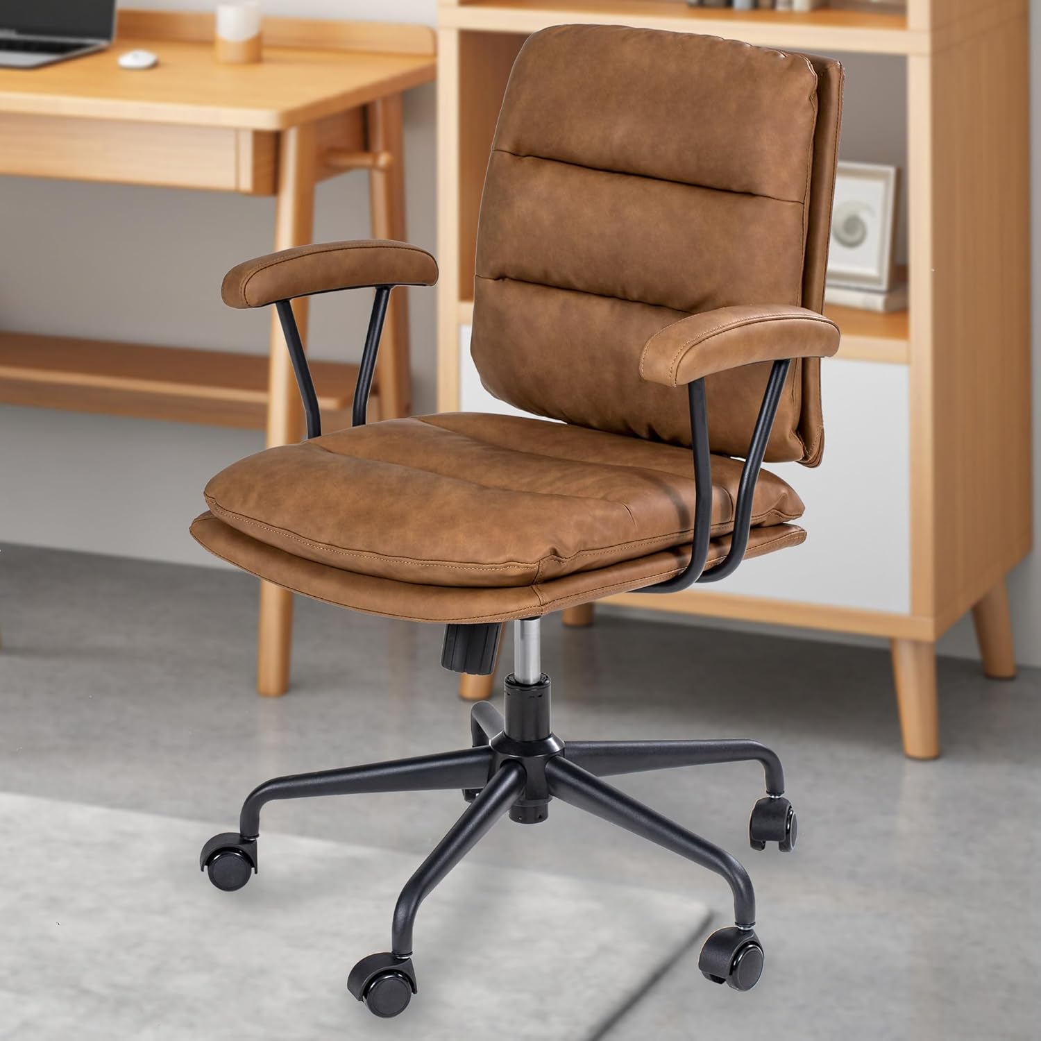 SUGOLD Brown PU Leather Desk Chair - Lumbar Support & Adjustable Comfort