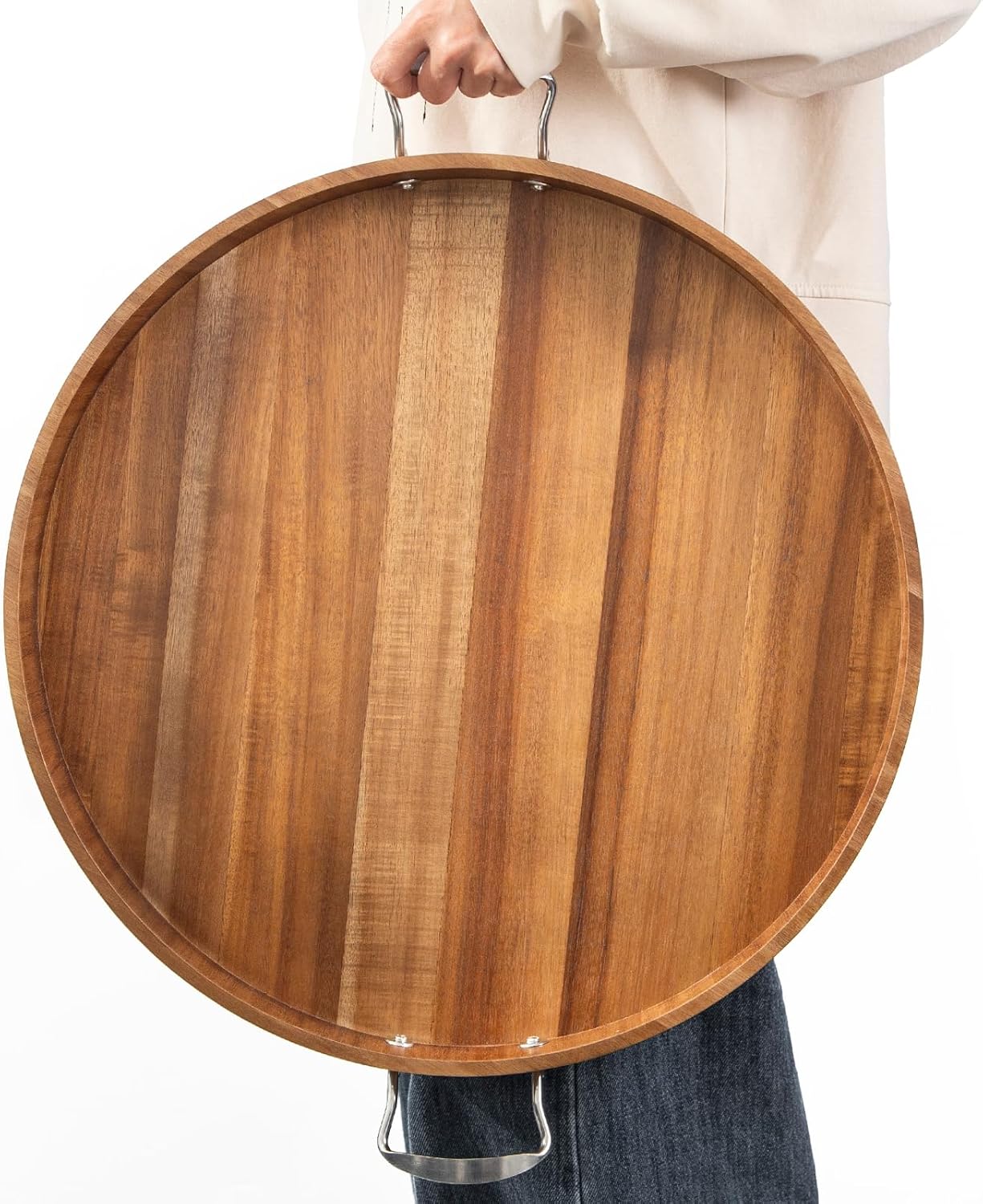 20 Inch Round Ottoman Tray with Handles for Serving and Decor