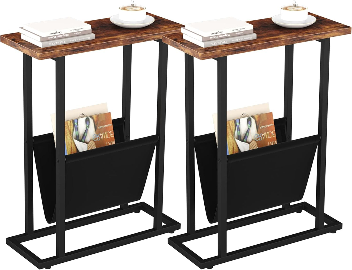 Narrow Side Table Set of 2 for Small Spaces with Magazine Holder