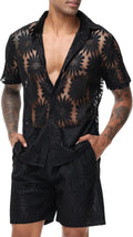 LecGee Men Summer Casual Short Sets Lace Button Down Shorts Set