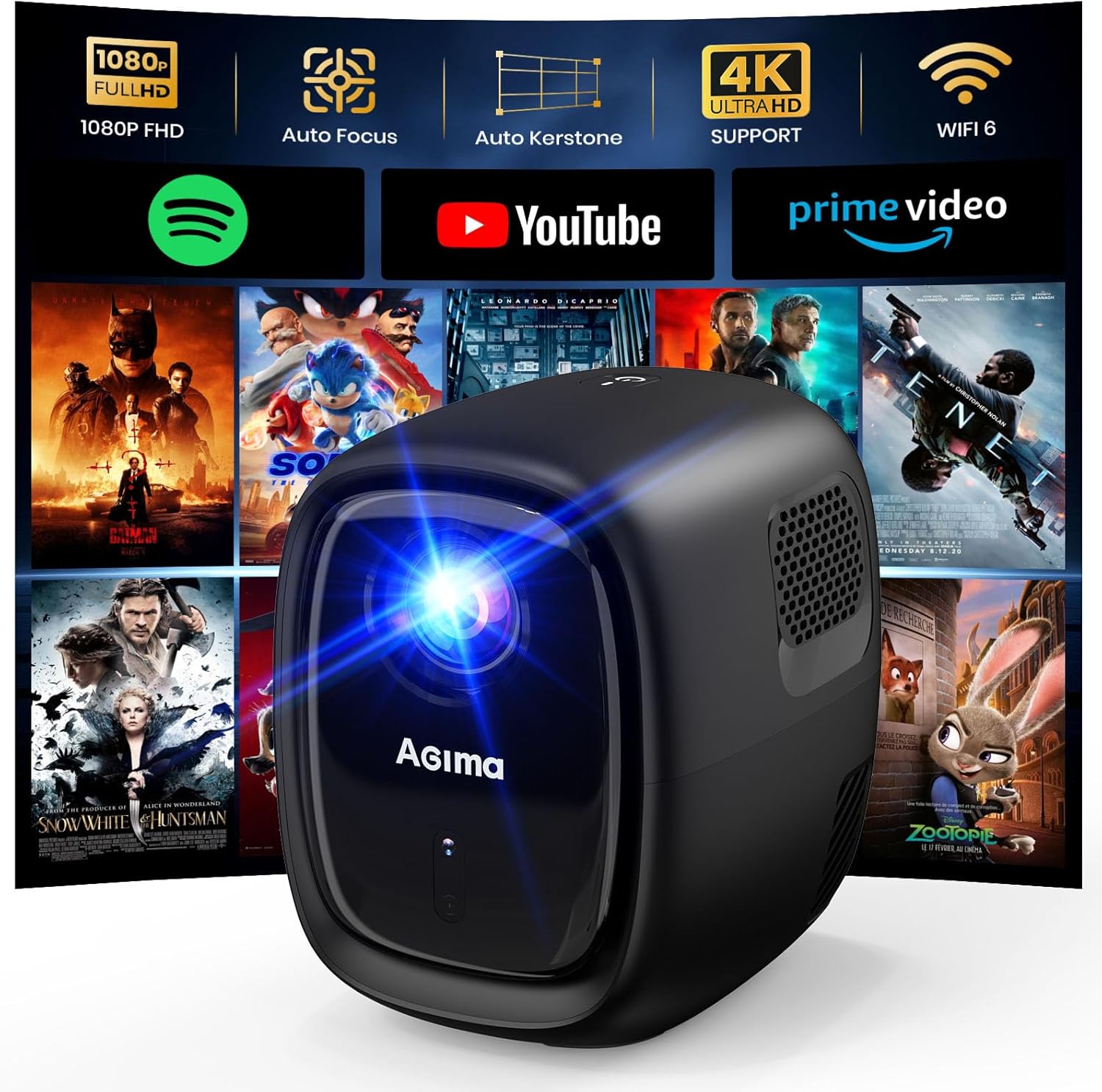 AGIMA Smart Projector: AI Auto Focus 1080P 4K, WiFi, Bluetooth, Android TV