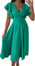 Summer Midi Dress Fit and Flare Ruffle Sleeve V Neck - Elegant