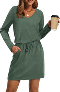 Fall Dresses for Women 2025 Tie Front V Neck Long Sleeve Dress