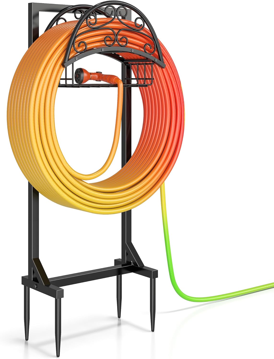 Freestanding Garden Hose Holder with Storage Basket for Outdoors
