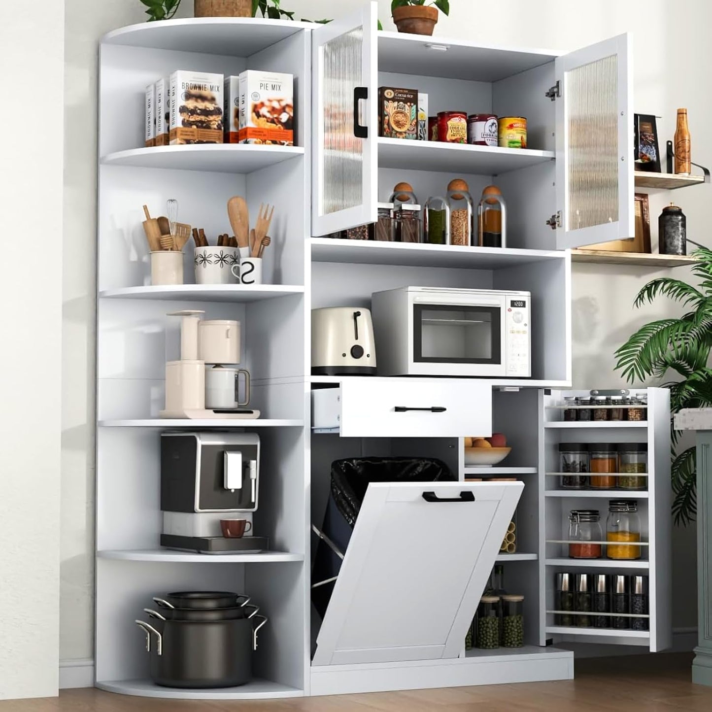 Space-Saving Pantry Cabinet with Trash Storage & Microwave Stand - Loomie