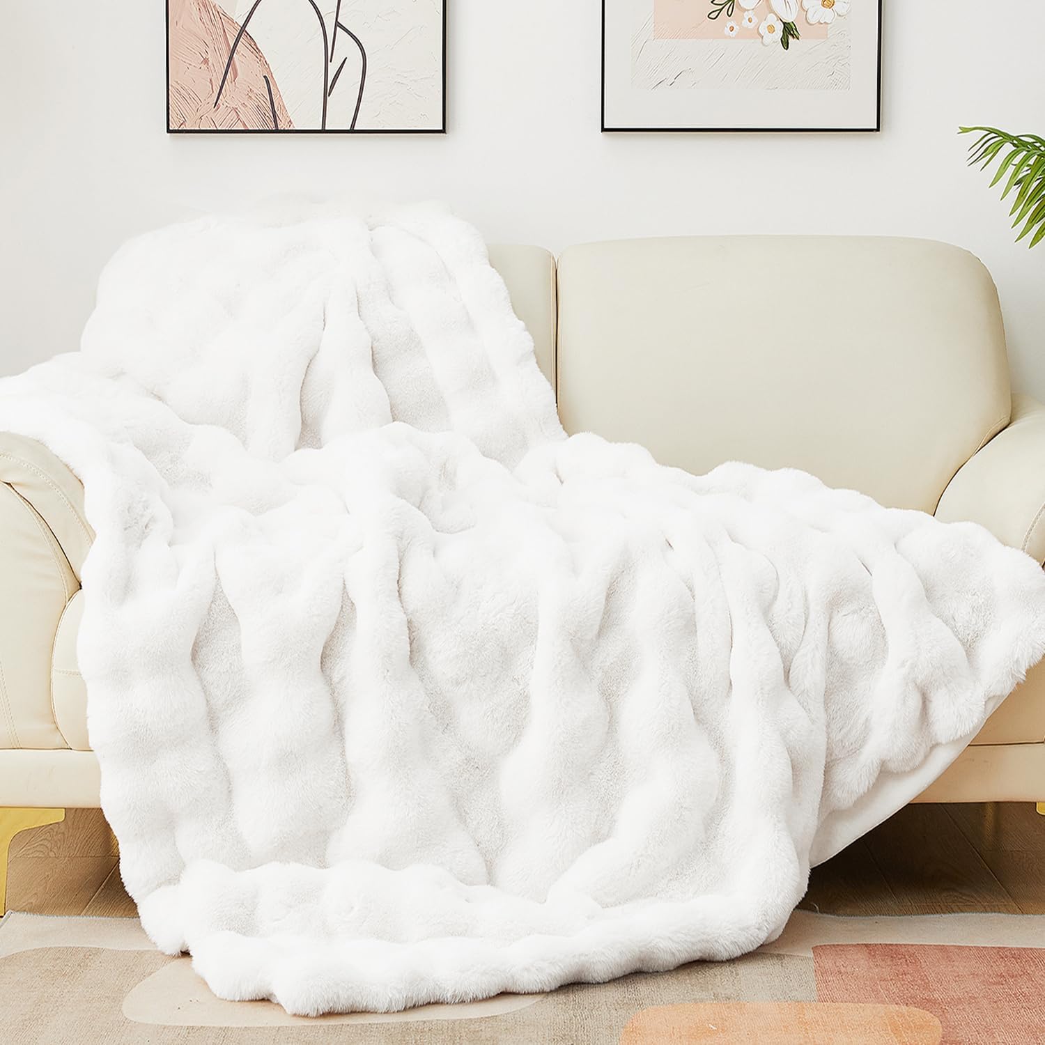 Latepis Faux Fur White Blanket Cozy Thick Bubble Throw 60x80