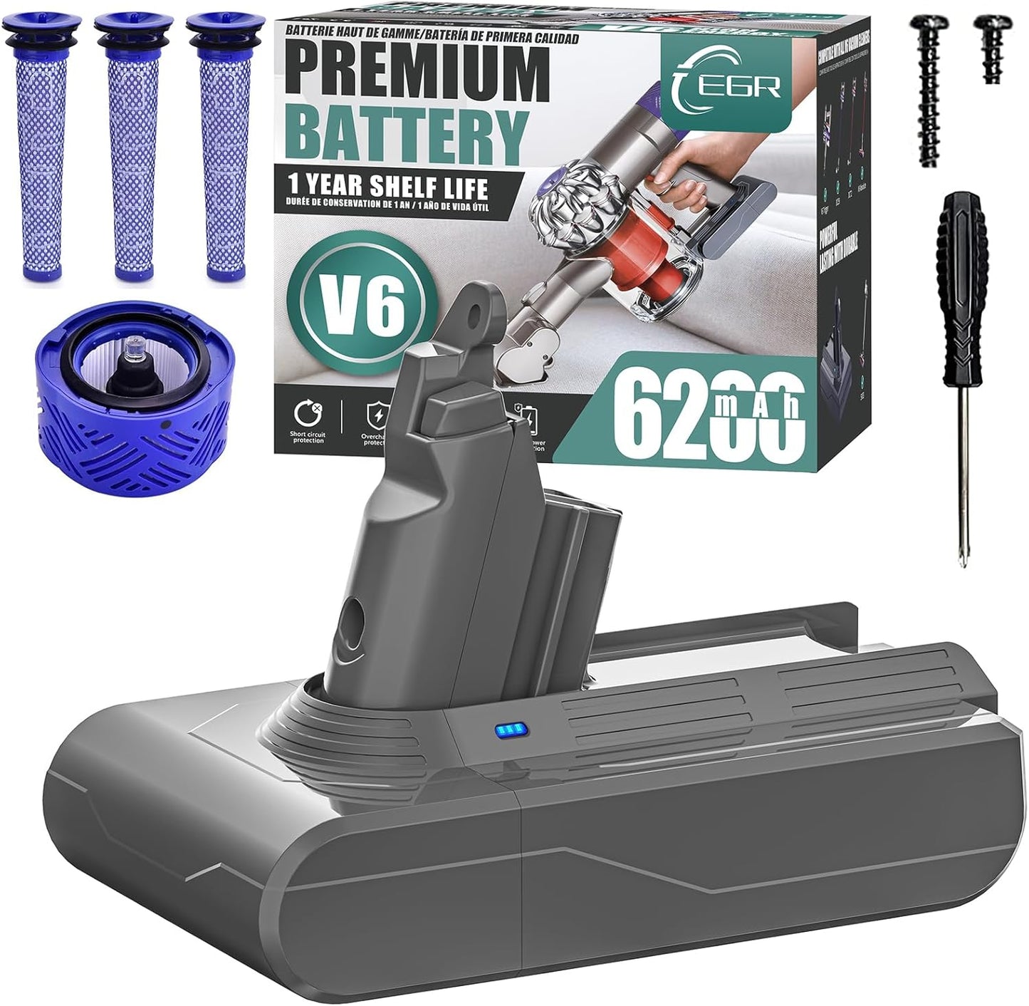 Dyson V6 Compatible Replacement Battery - Long-lasting 6200mAh Power