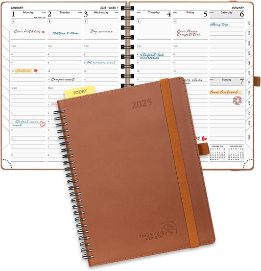 POPRUN 2025 Weekly Planner - Hourly Schedule, Vertical Layout, Time Management - Brown