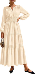 Women's 2025 Elegant Maxi Dress V Neck Long Sleeve - Pockets