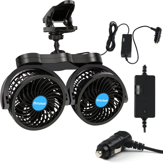 Alagoo 12V Dual Head Car Clip Fan - 360 Rotation, Stepless Speed Control
