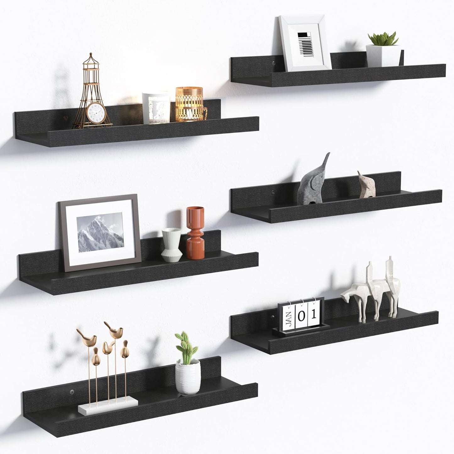 Versatile Set of 6 Floating Wall Shelves - Black