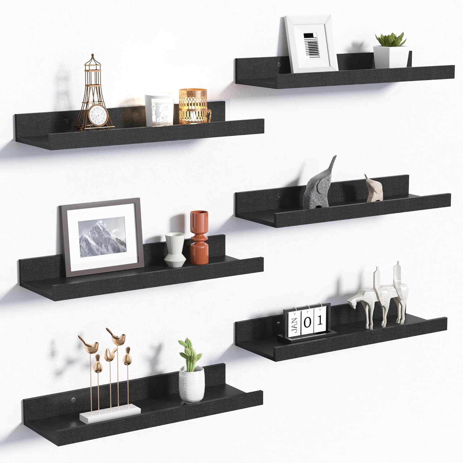 Versatile Set of 6 Floating Wall Shelves - Black