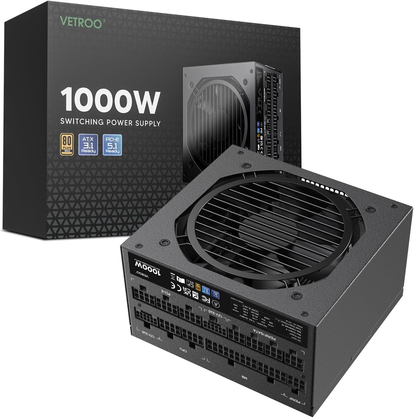 Vetroo 1000W Black Power Supply ATX 3.1 Ready for Gamers