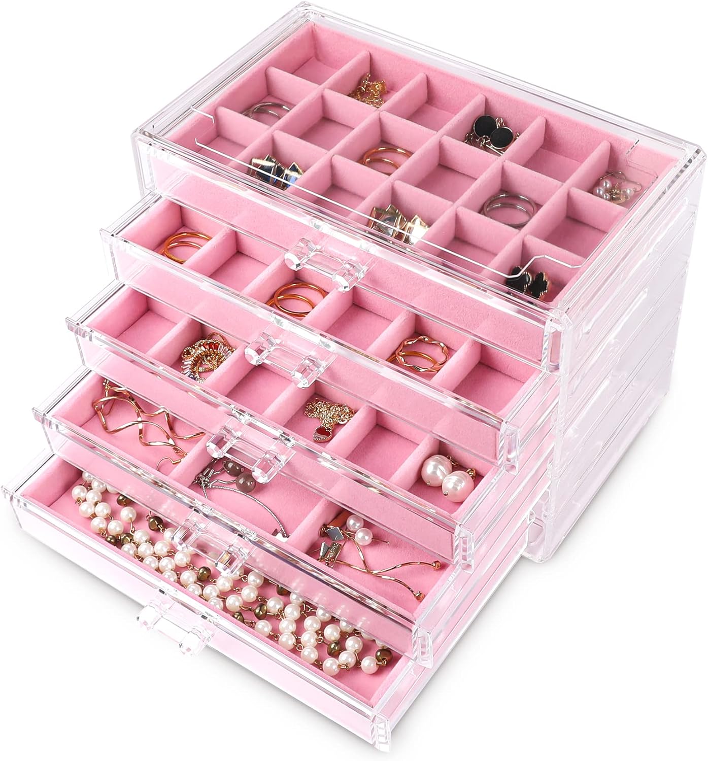 Frebeauty Acrylic Jewelry Organizer Box with 5 Drawers for Women