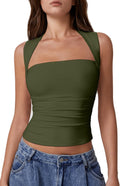 QINSEN Womens Square Neck Tank Top - Slim Double-Lined Crop