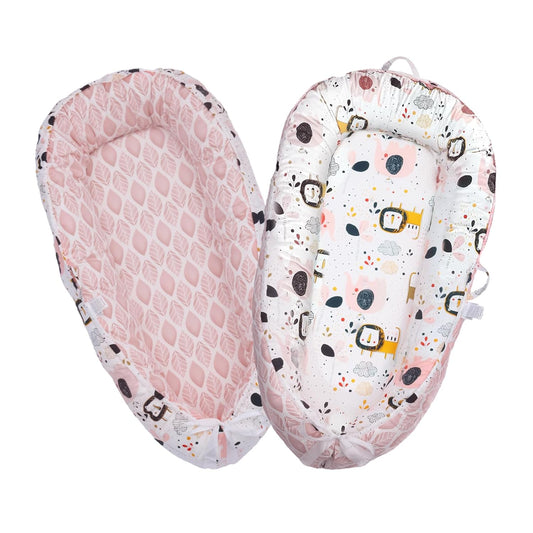 Breathable 100% Cotton Baby Lounger for Co-Sleeping, Home & Travel - Pink Lion