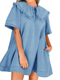 Wenrine Womens Denim Mini Dress with Peter Pan Collar - Casual Flowy