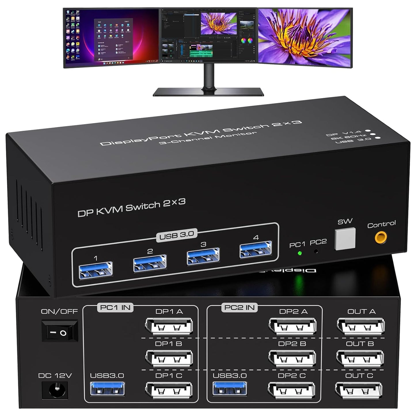 8K Displayport KVM Switch for 3 Monitors and 2 Computers
