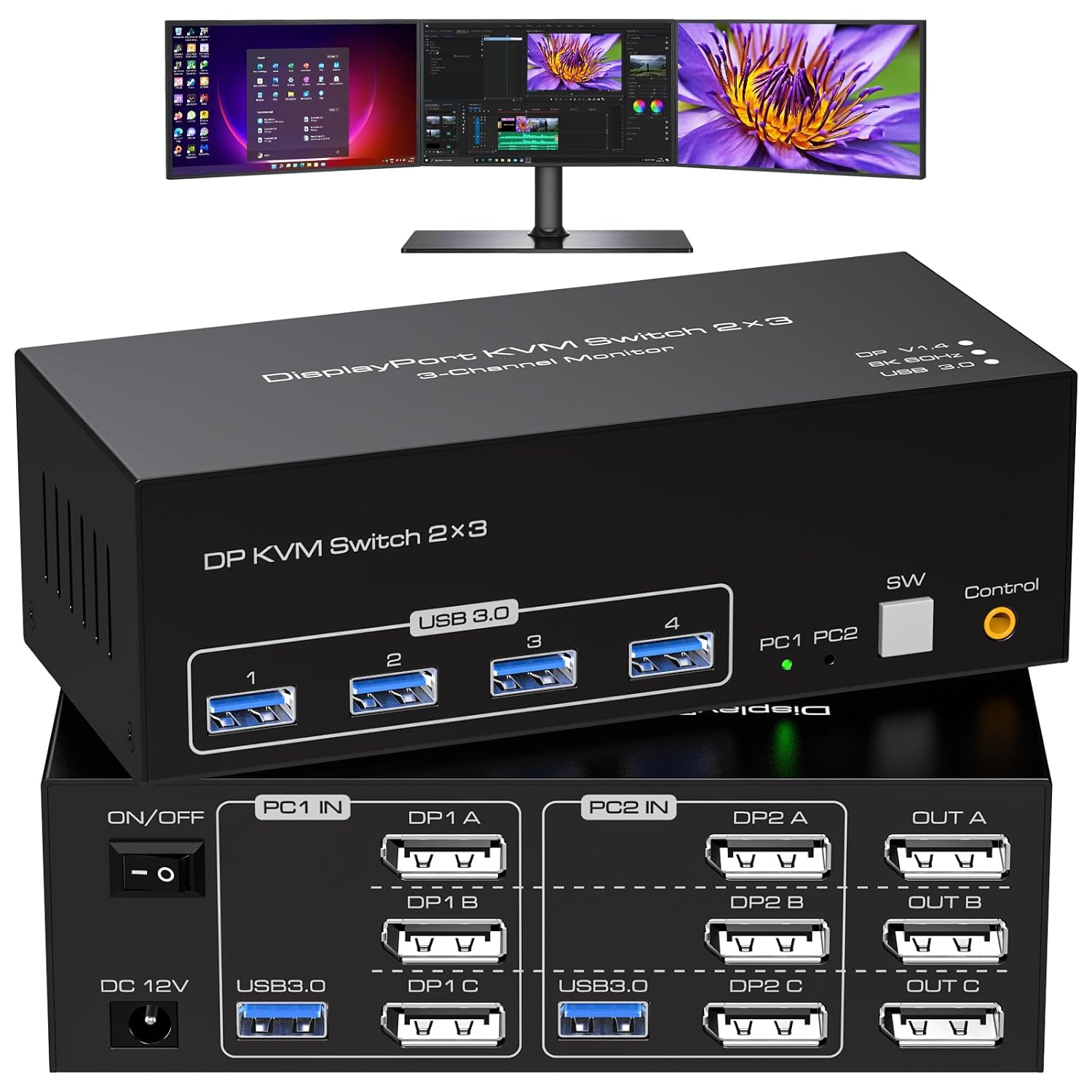 8K Displayport KVM Switch for 3 Monitors and 2 Computers