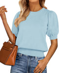 Womens Puff Short Sleeve Knit Top Crewneck - Spring Summer 2025