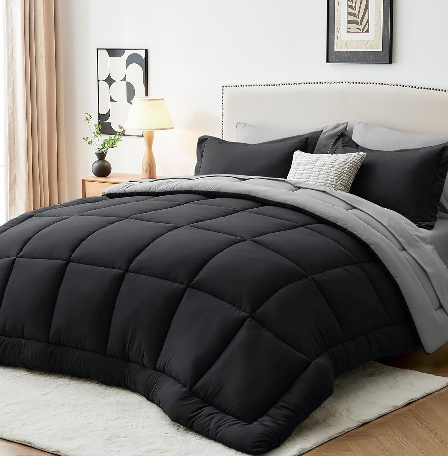 Sasttie Queen Comforter Set - 7 Piece Bedding Set in Black & Grey