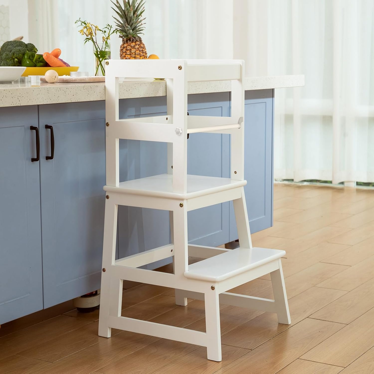 Kitchen Step Stool for Kids with Safety Rail and Solid Wood