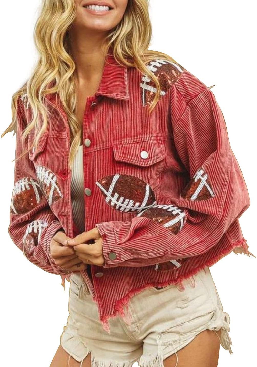 Football Sequin Embroidery Cropped Frayed Hem Jacket for Women