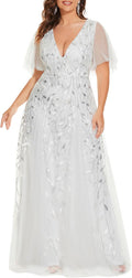 Women Plus Size V-Neck Sequin Embroidery A-Line Evening Dress - Floor