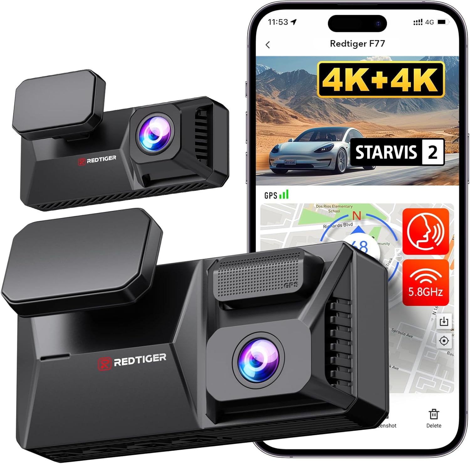 REDTIGER F77 Dual Sensor Dash Cam: 4K+4K HDR, Voice Control, 128GB Storage