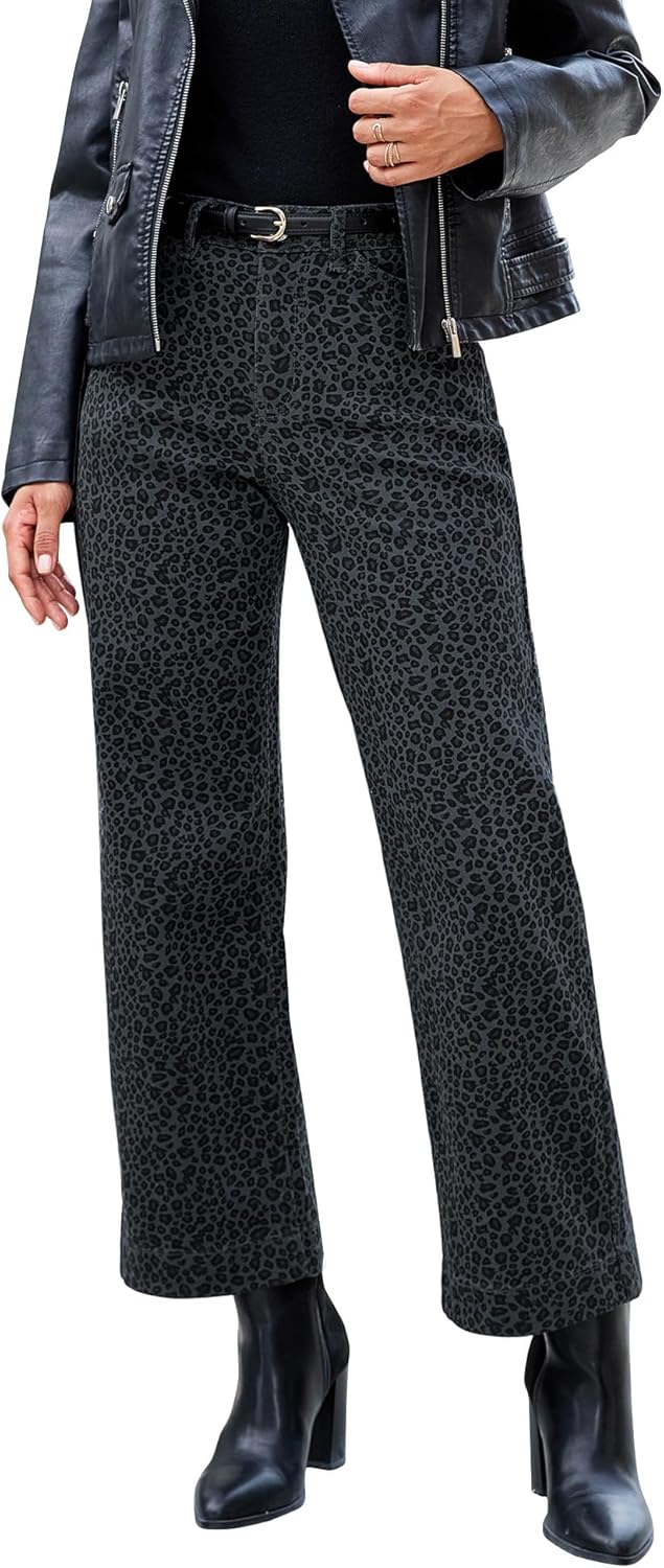 Luvamia Wide Leg Jeans for Women in Trendy Leopard Print
