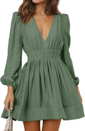 Mini Deep V Long Sleeve A-line Dress - Flattering Flowing Fit