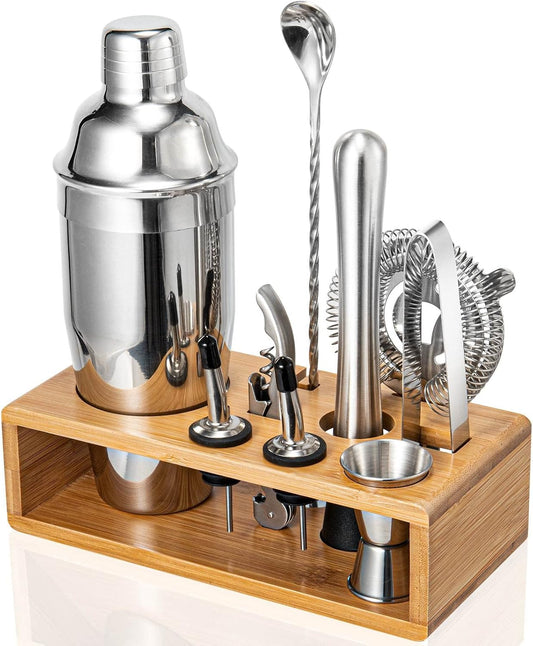 Cocktail Shaker Set with Bamboo Stand - 10-Piece Bartender Kit