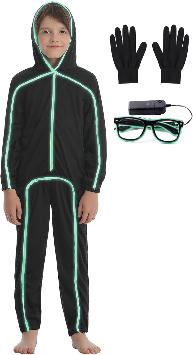 Stick Figure Costume Kids Jumpsuit with Light Up Glasses