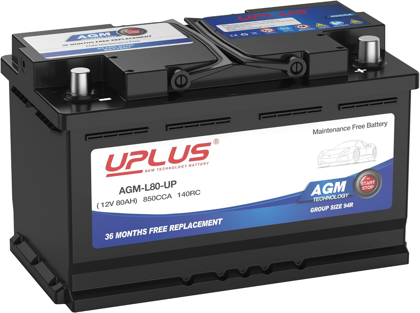 UPLUS BCI Group 94R Car Battery - Premium AGM 12V 80Ah Power
