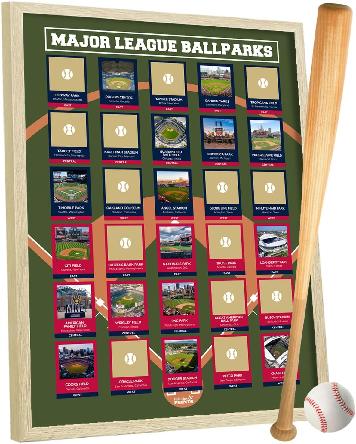 Framed Pro Baseball Stadiums Scratch Off Poster for Fans