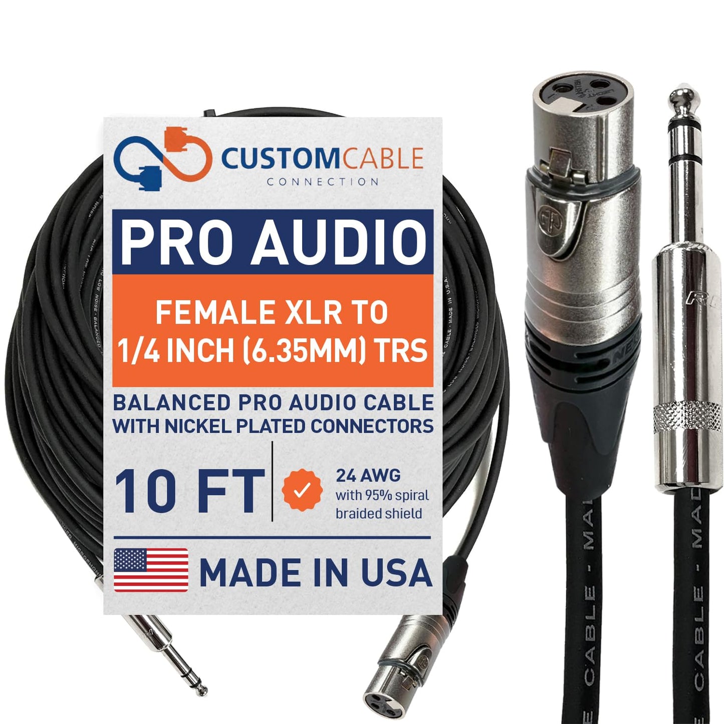 Custom Cable Connection 10 Foot XLR to TRS Pro Audio Cable