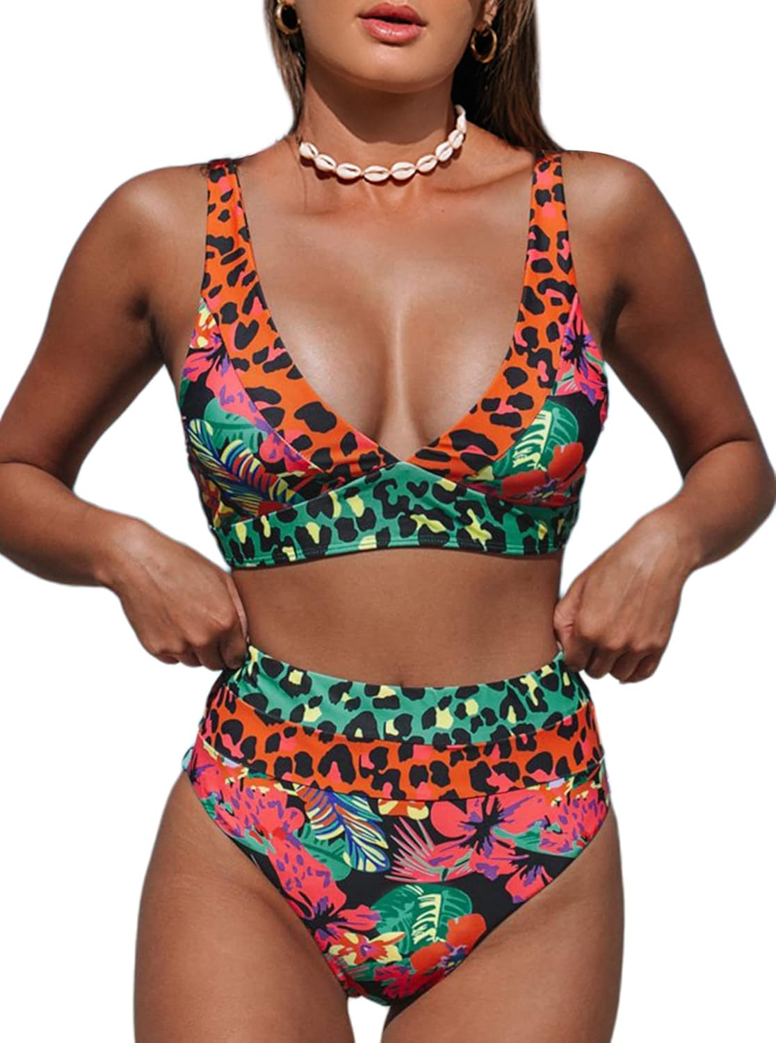 Leopard Print High Waisted Bikini Swimsuits for Women