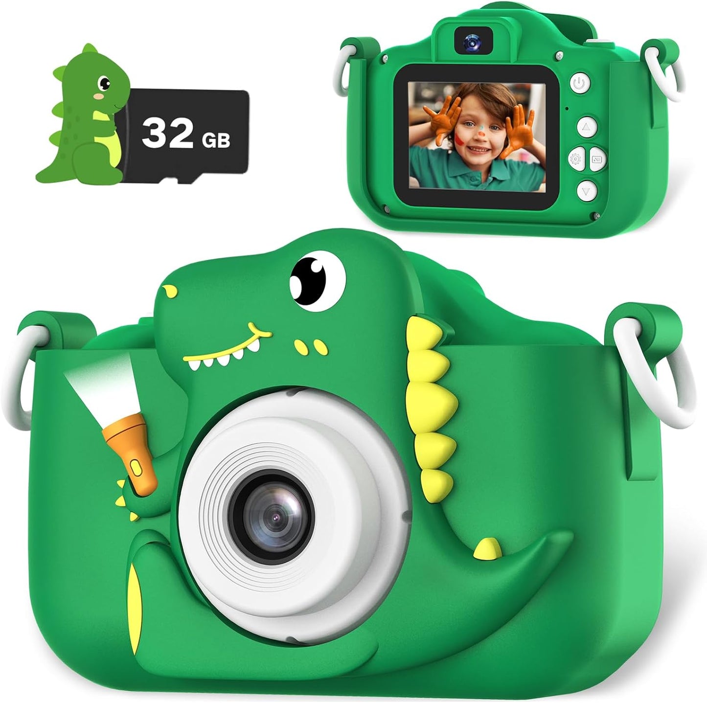 OUTUVAS Dinosaur Kids Camera: 12MP HD, Rechargeable, 32GB SD, Games, Green Age 3-12