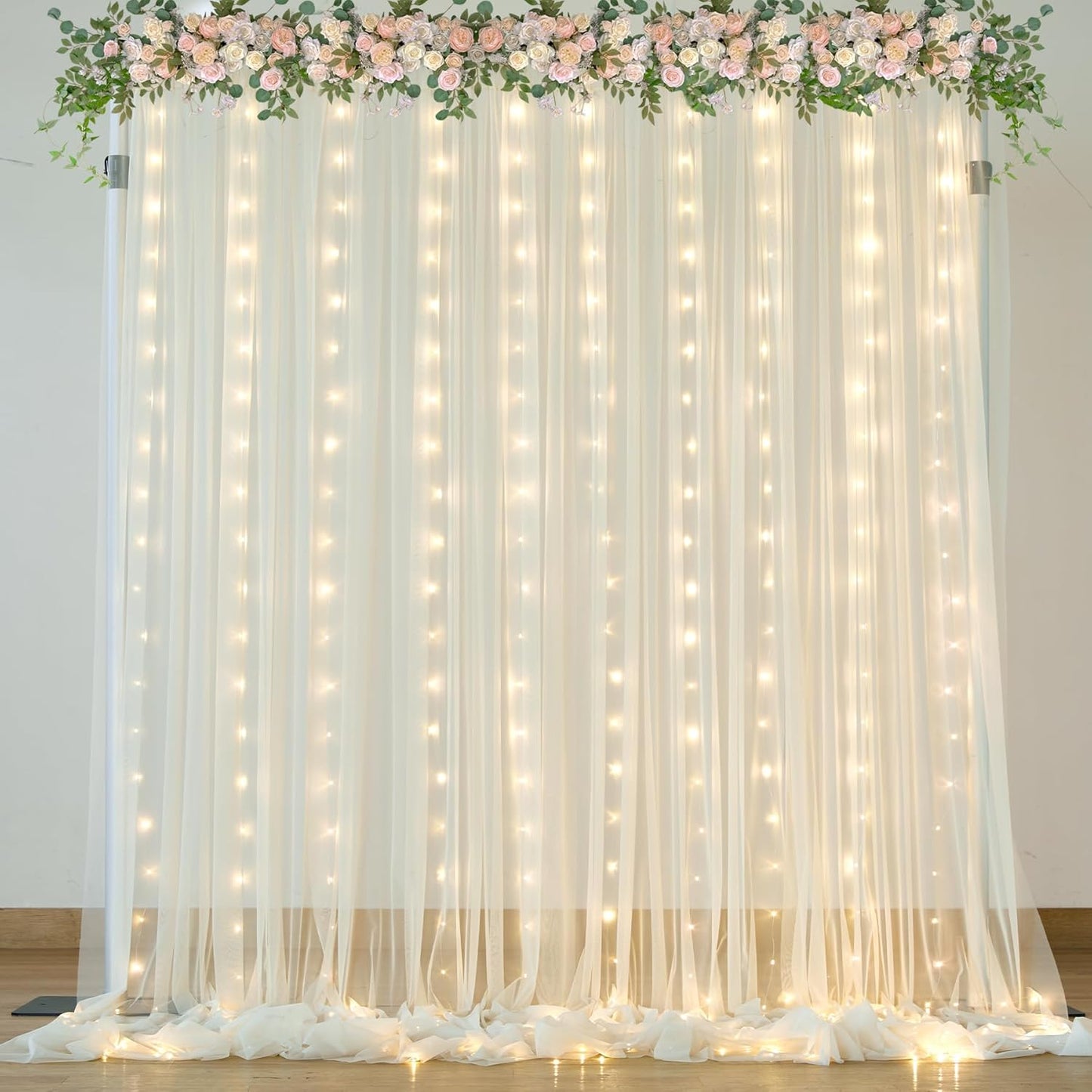 Ivory Tulle Backdrop Curtains with Lights for Weddings and Parties