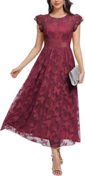 Women's Casual Tulle Midi Dress Ruffle Sleeve Crewneck Lace Flowy is