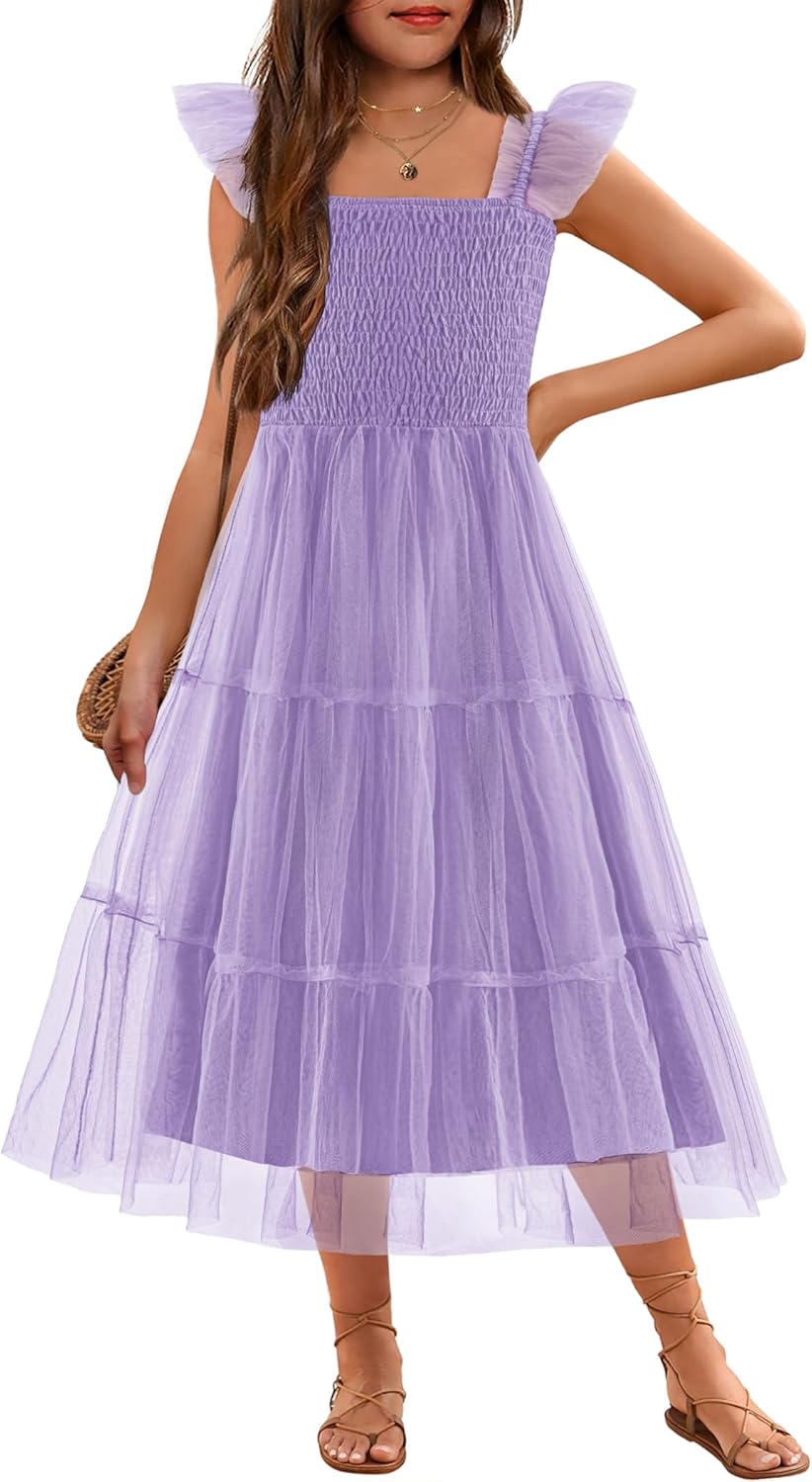 Arshiner Tween Girls Dress with Ruffle Sleeve and Tulle Skirt