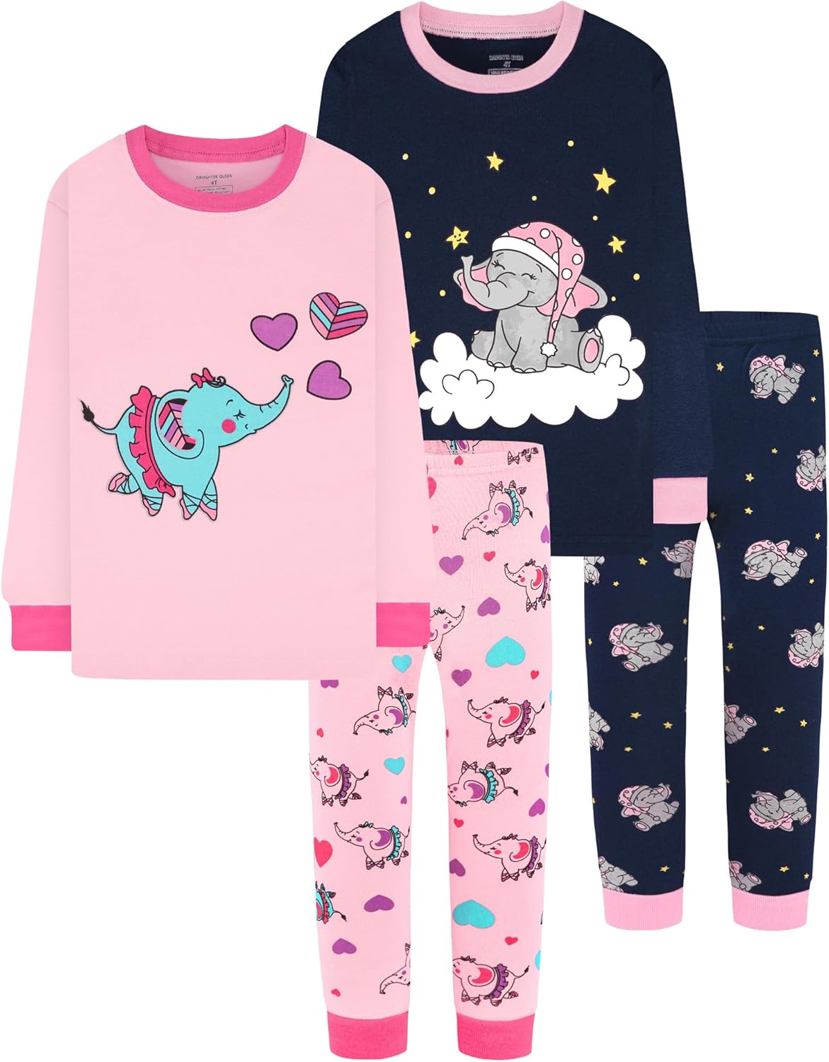 Girls 4 Pieces Cotton Pajamas Set for Ages 18 Months to 12 Years