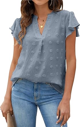 Blooming Jelly Womens White Blouse V Neck Ruffle Sleeve Top