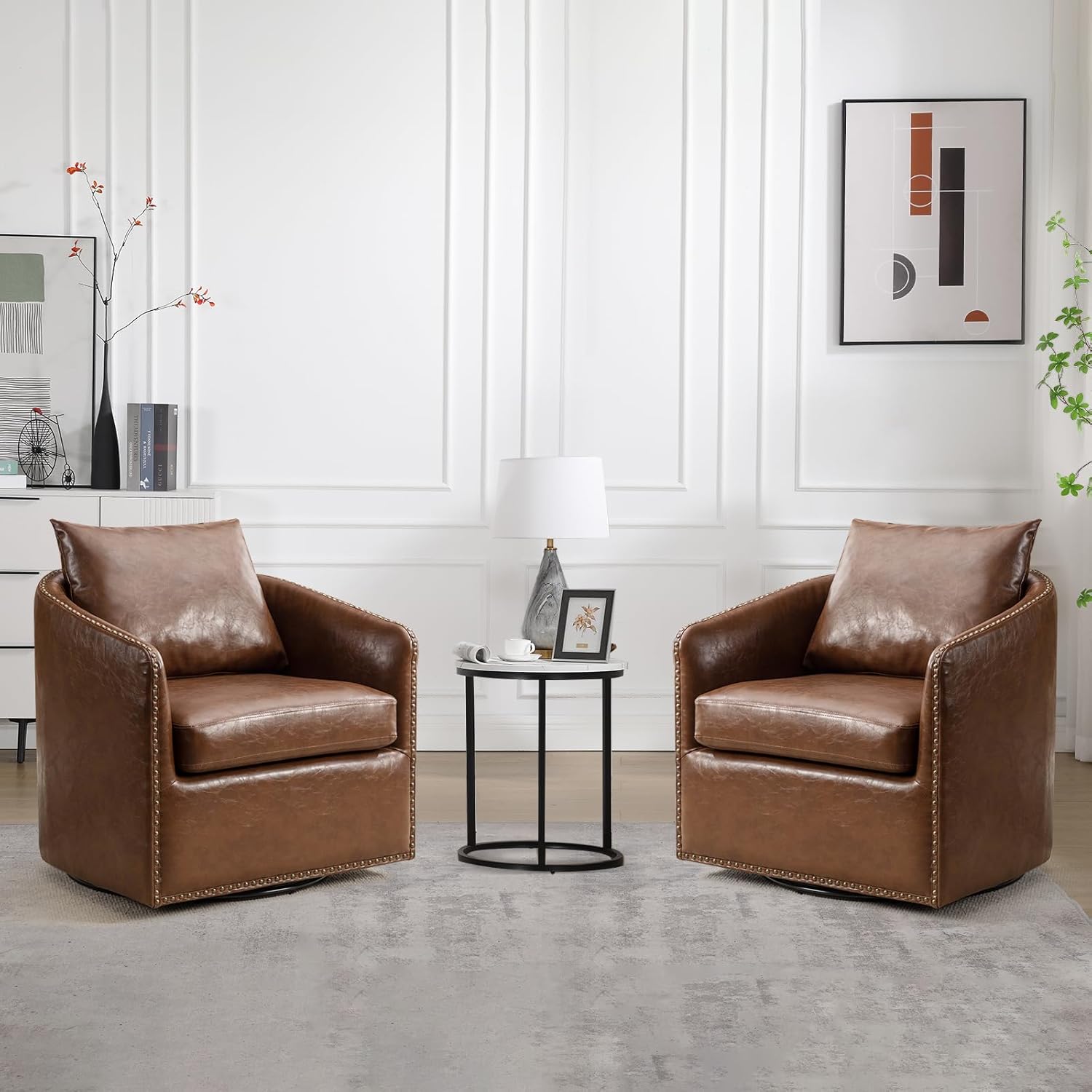 Vintage Swivel Accent Chairs x2 | Plush Pillows | Waterproof PU Leather
